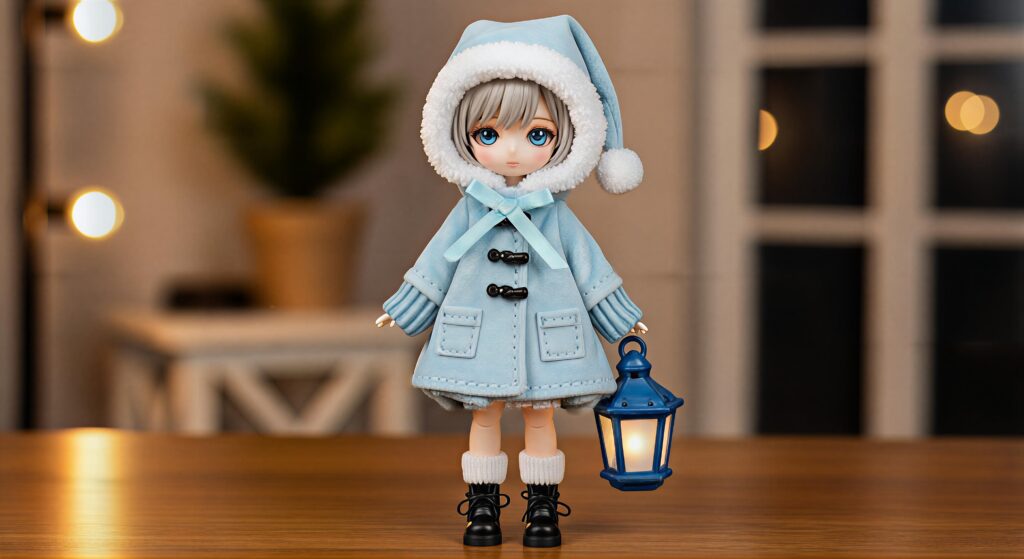 Frosty Lantern Coat Outfit for 30cm Chibi Doll – Soft Winter Plush Clothing Pattern Set