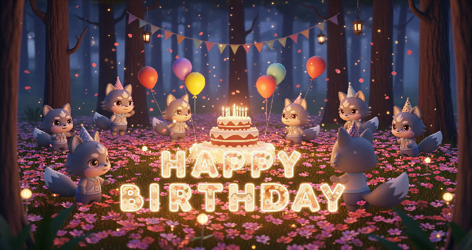 3D Chibi Lucky Wolf Fantasy Birthday Scene in a Dreamlike Forest