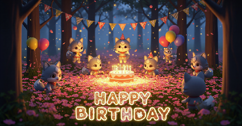 3D Chibi Lucky Wolf Fantasy Birthday Scene in a Dreamlike Forest