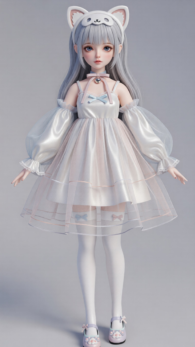 A 3D Q-style doll seated by a window, wearing a soft grey sheer dress in gentle afternoon light.