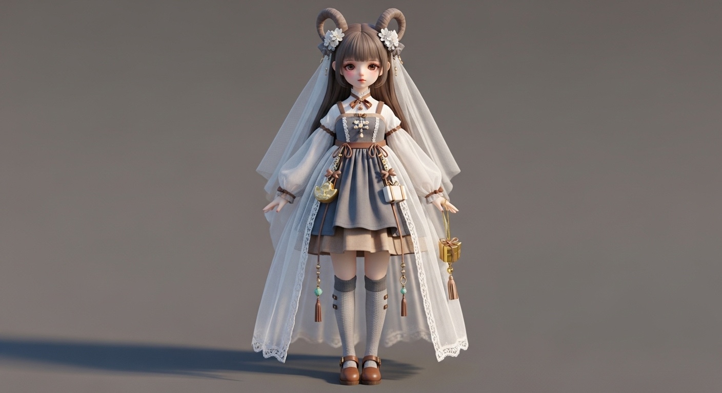 A 3D Q-style doll wearing a white veil dress with earth-tone accents, standing calmly in soft light