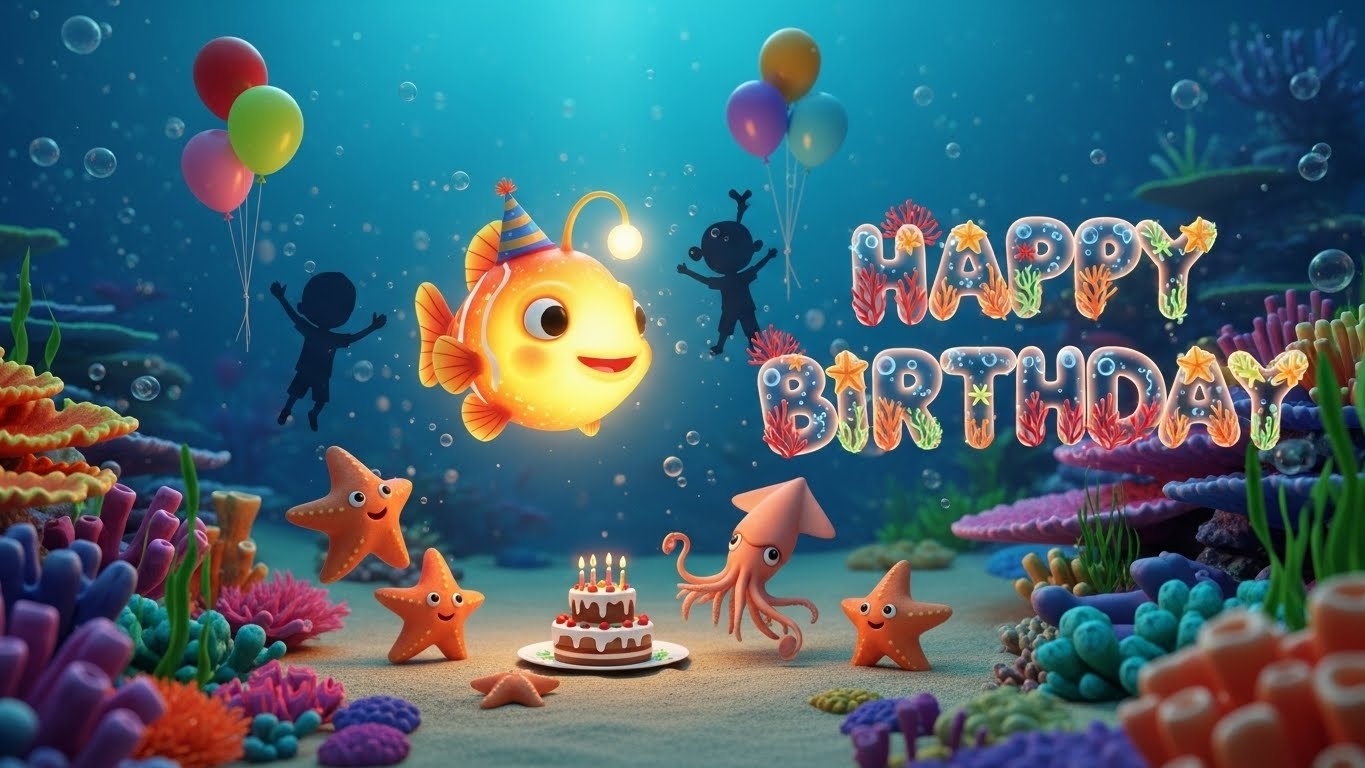 A 3D chibi anglerfish lights up a dreamy ocean birthday celebration for kids
