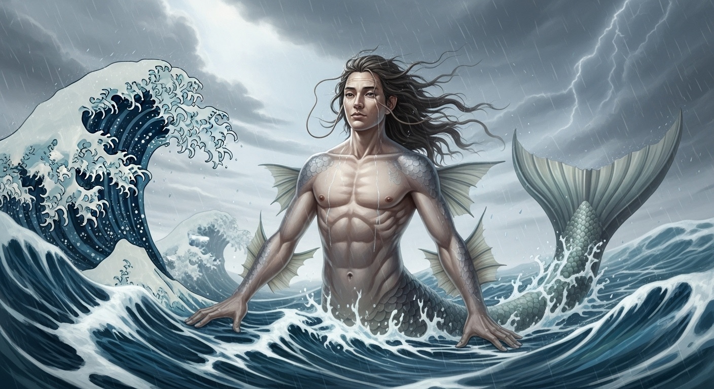 A Chinese mermaid myth reimagined with human limbs, storm-lit waves, and symbolic floating-world composition