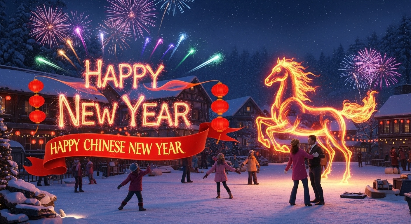 A Chinese red banner glows against fresh snow as fireworks fill the sky