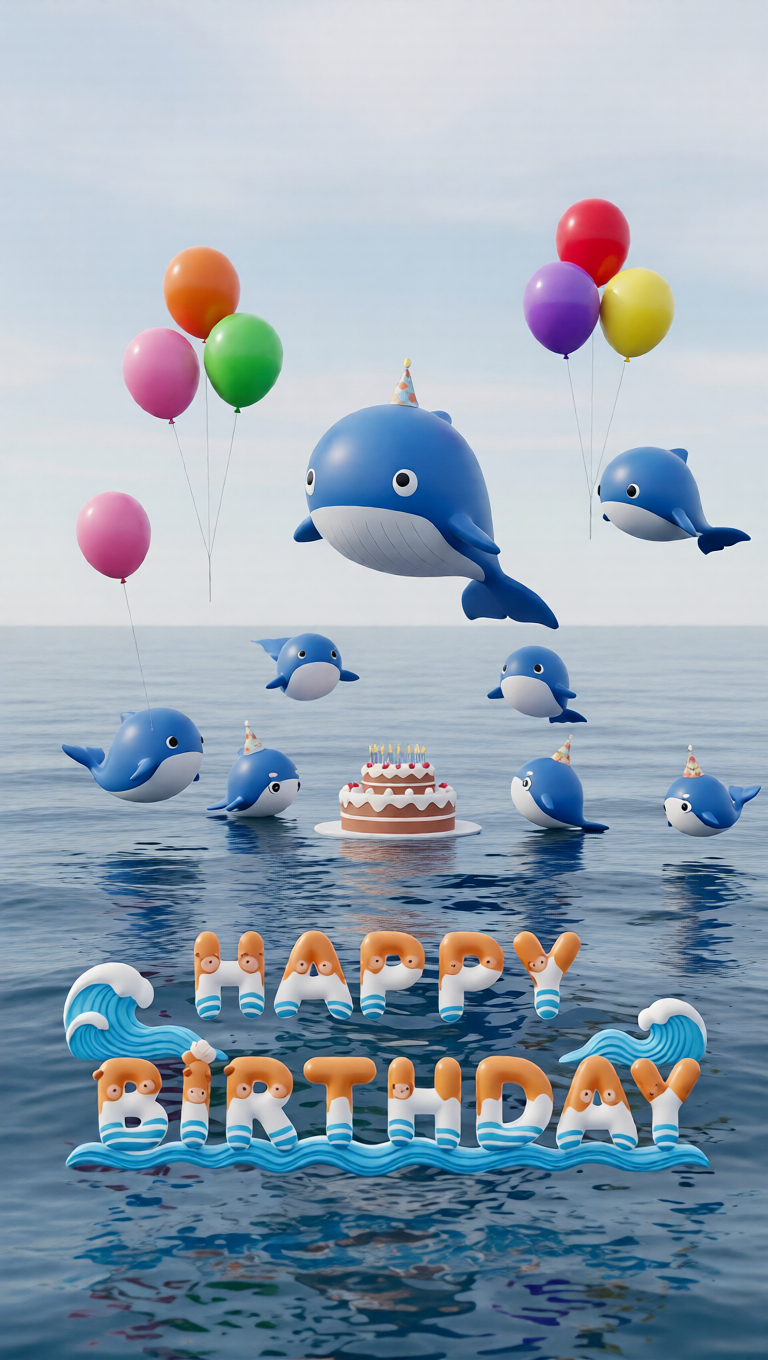 A bright 3D chibi-style birthday background featuring a lucky whale fantasy creature, floating balloons, and a birthday cake beside the open ocean