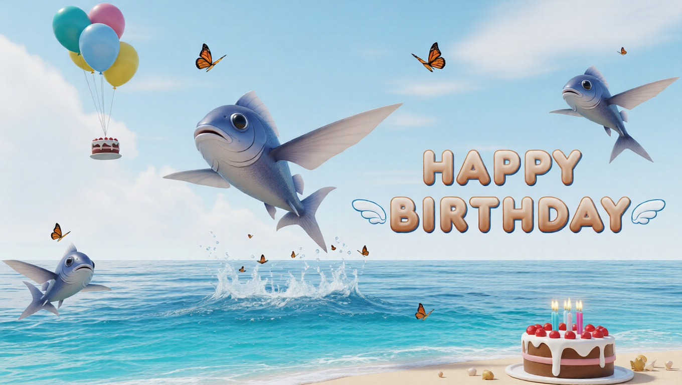 A bright ocean birthday background featuring a 3D chibi flying fish, butterflies, balloons, and a birthday cake floating above the sea