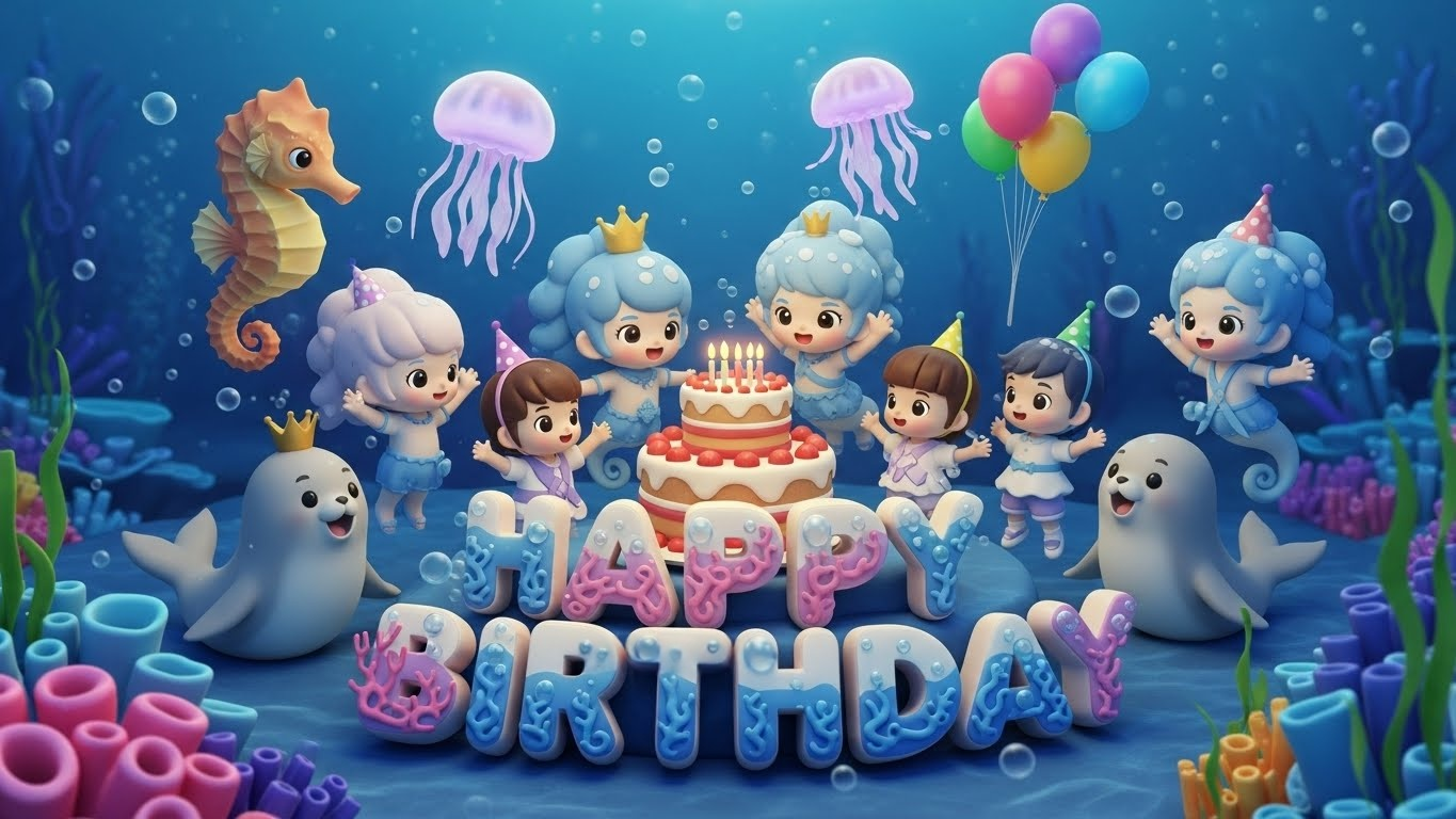 A calm and joyful ocean birthday background designed for children’s celebrations
