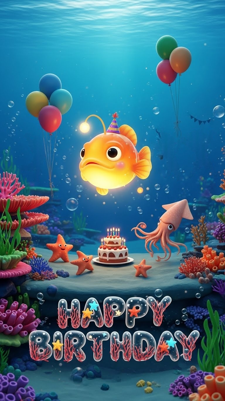 A calm and magical underwater birthday scene where deep-sea creatures become gentle party hosts