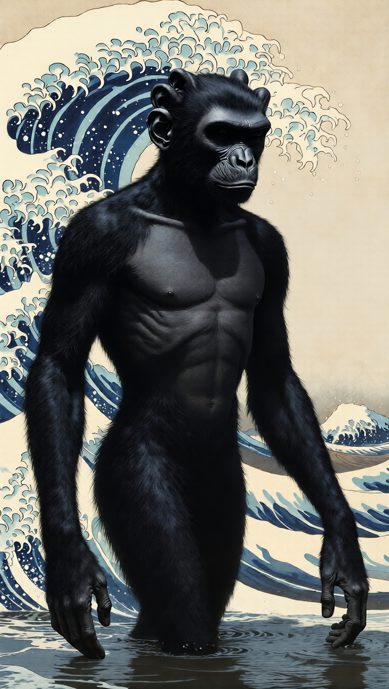 A contemplative mythological figure with elongated arms and four ears observes the water without fear