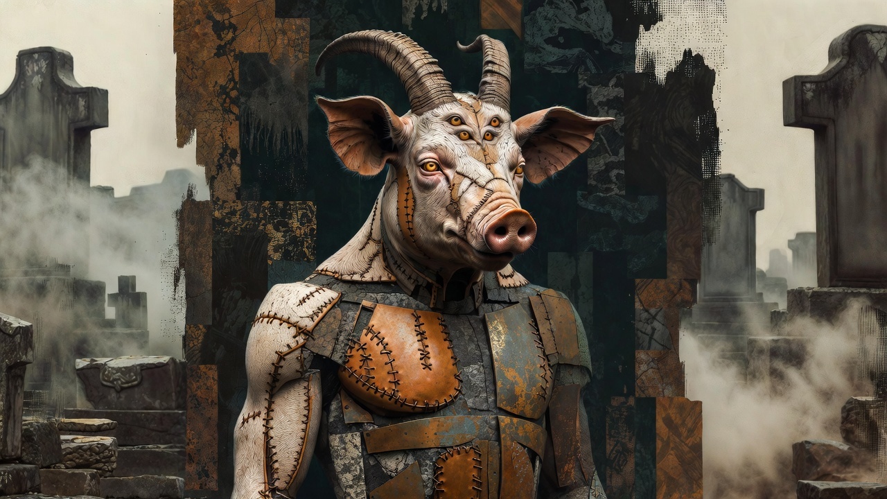 A contemporary gothic Fangliang guardian figure standing in a misty cemetery backdrop, sculptural collage body with four glowing eyes, designed as myth-inspired wall art for modern living spaces