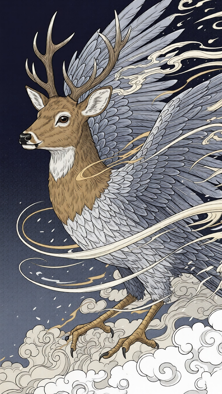 A deer-headed, bird-bodied wind god suspended within flowing ink-like clouds, motion carving through space.