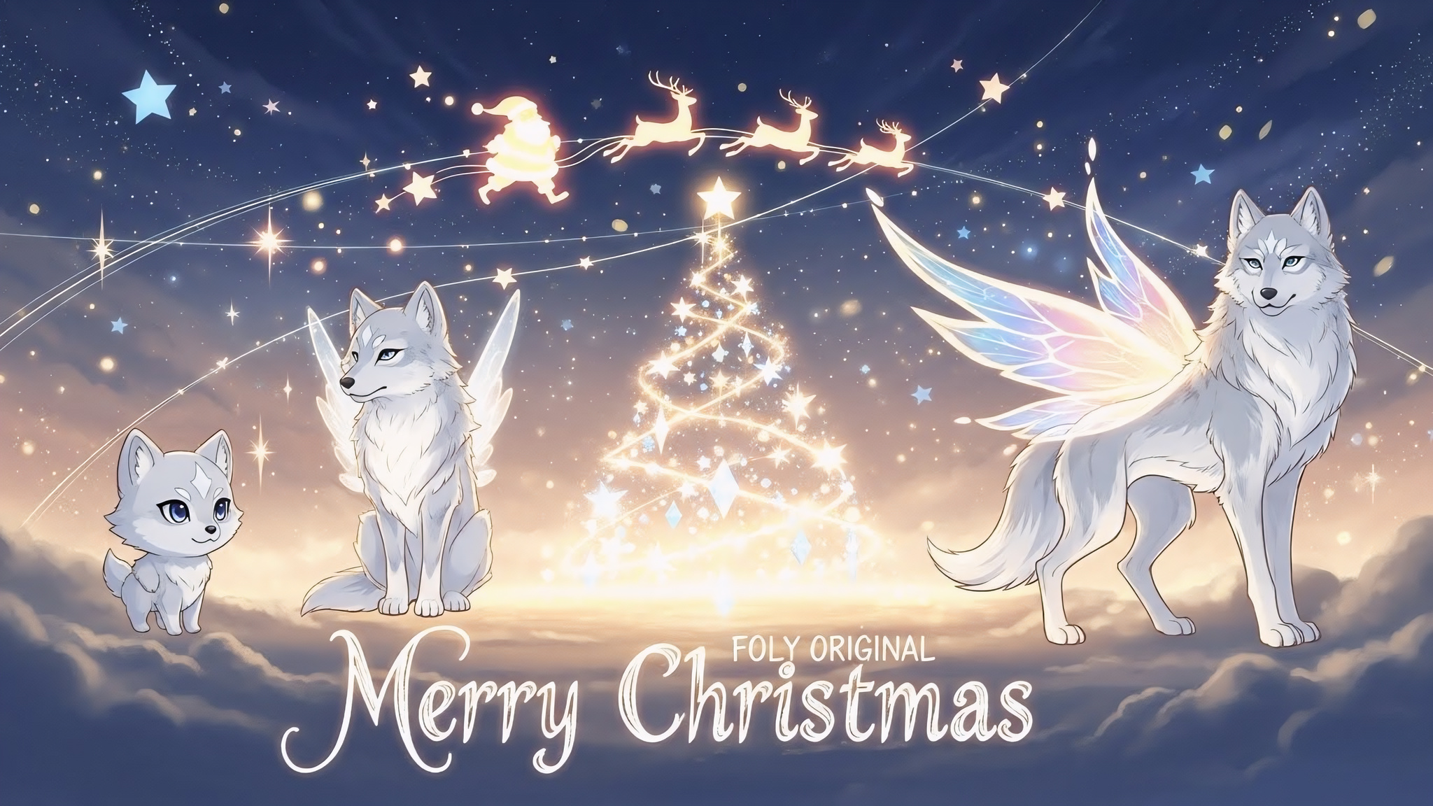 A dream-astral Christmas scene featuring glowing wolf spirit guardians beneath a starlight tree