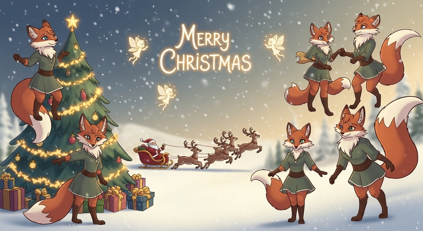 A dream-like winter fantasy scene with fox illusion creatures, Santa, and a softly glowing Christmas tree