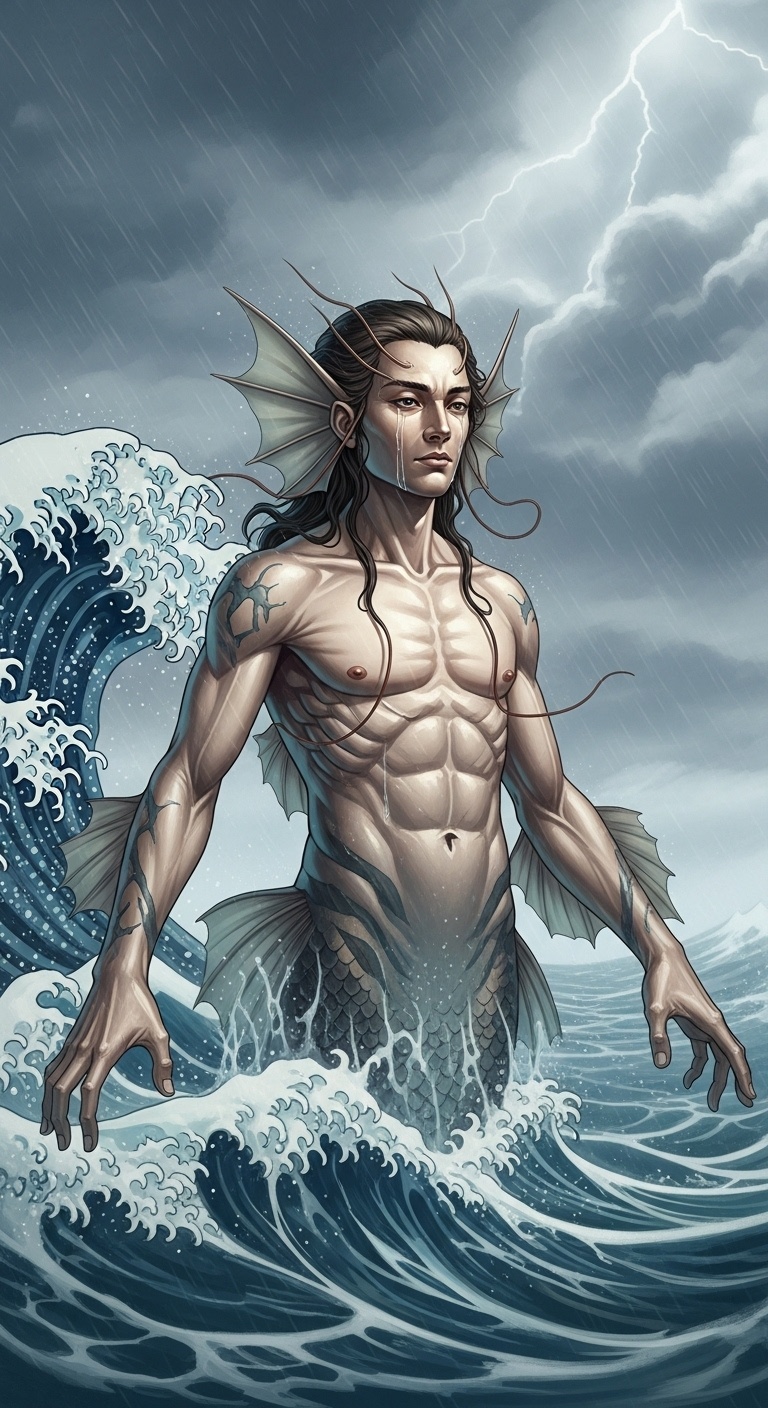 A human-faced sea being with hands and feet stands amid rising waves, storm clouds gathering in a stylized ukiyo-e ocean landscape