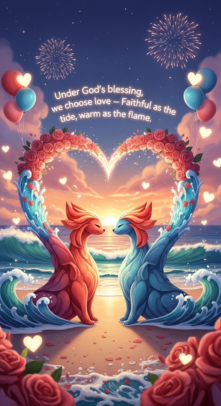 A joyful beach wedding backdrop with heart-shaped magical creatures forming a glowing arch above the ocean