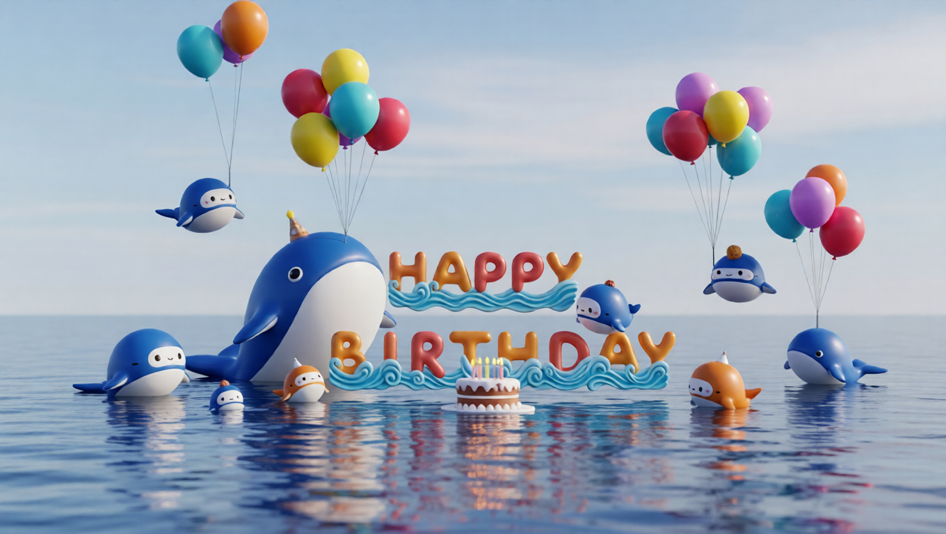 A joyful seaside birthday scene showing a lucky whale spirit in soft 3D chibi style, surrounded by balloons, cake, and calm ocean light