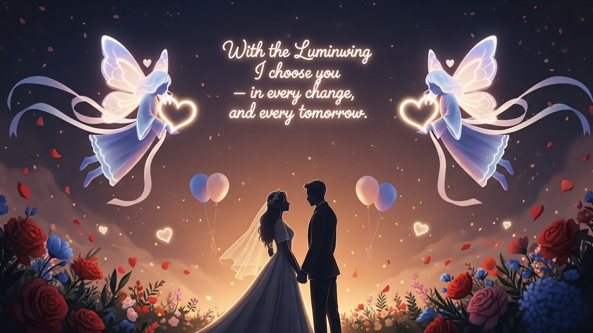 A joyful wedding backdrop with glowing butterfly-angel spirits and a silhouetted couple standing together.