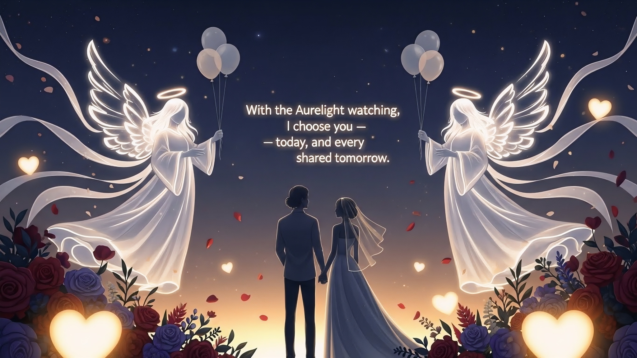 A joyful wedding photo backdrop featuring glowing abstract angelic spirits and a silhouetted couple holding hands.