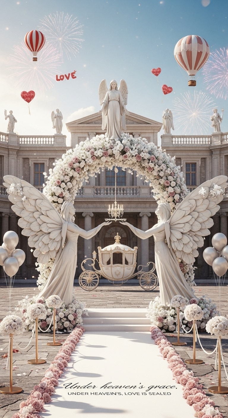 A myth-inspired white wedding banner featuring a floral arch, angelic sculpture, and palace setting under warm ceremonial light