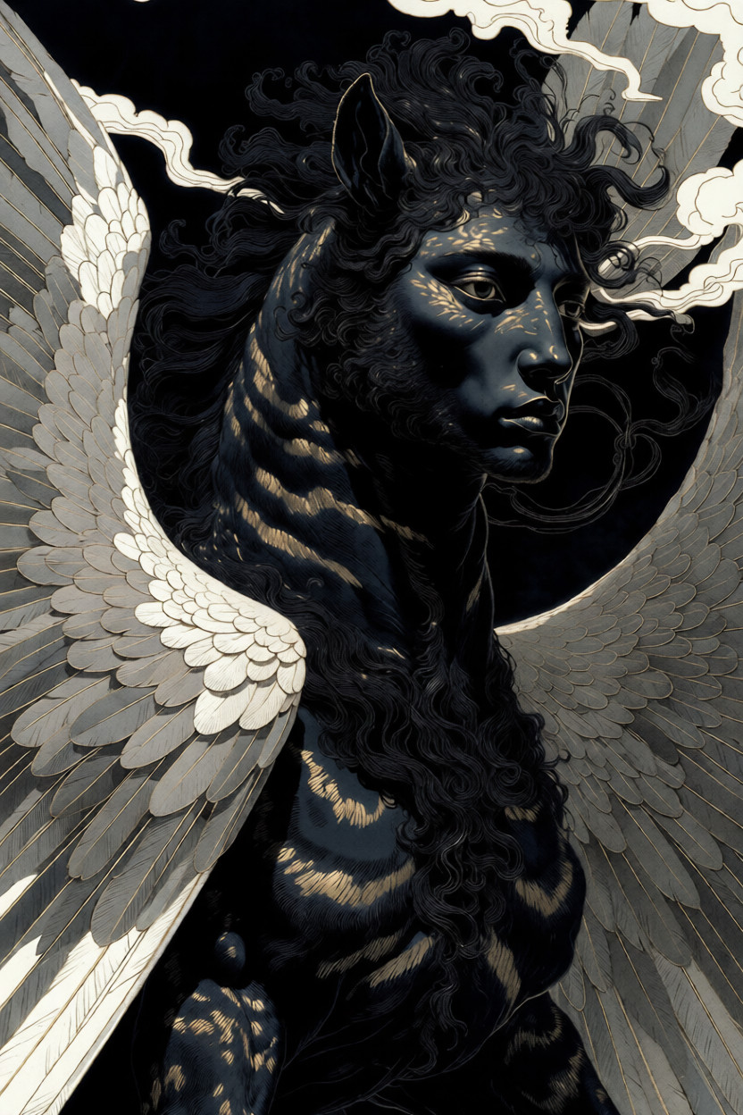 A mythological horse-bodied sentinel with folded wings watches over a sacred garden in calm silence