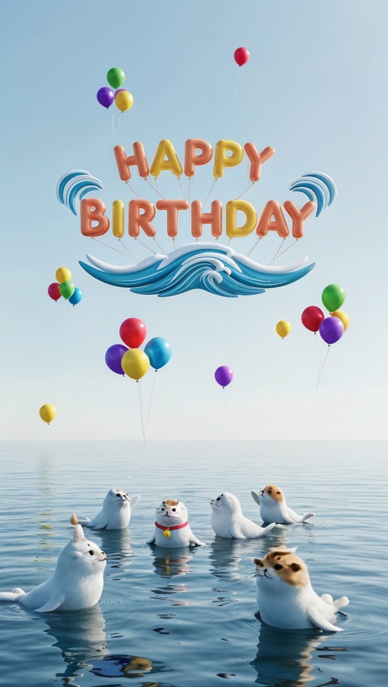 A playful ocean-themed birthday scene with adorable 3D chibi lucky seal spirits, colorful balloons drifting in the sea breeze, and a wide open background designed for birthday photo use