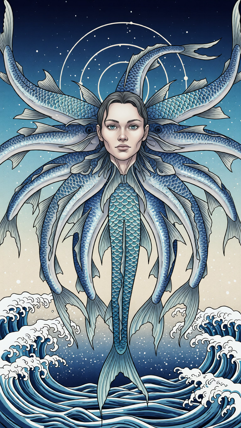 A serene mythological fish with one human-like head and multiple flowing bodies drifting through symbolic waves