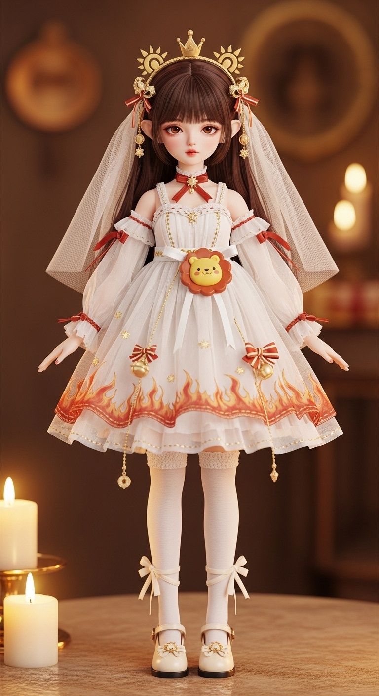 A soft-lit 3D Q-style doll standing beside a birthday cake, white veil glowing gently under warm light