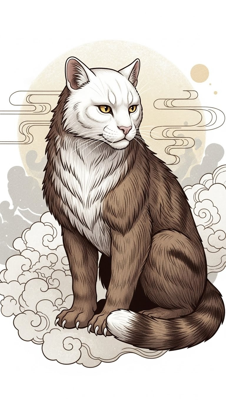 A white-headed celestial cat spirit stands calmly beneath an open sky, guarding unseen boundaries