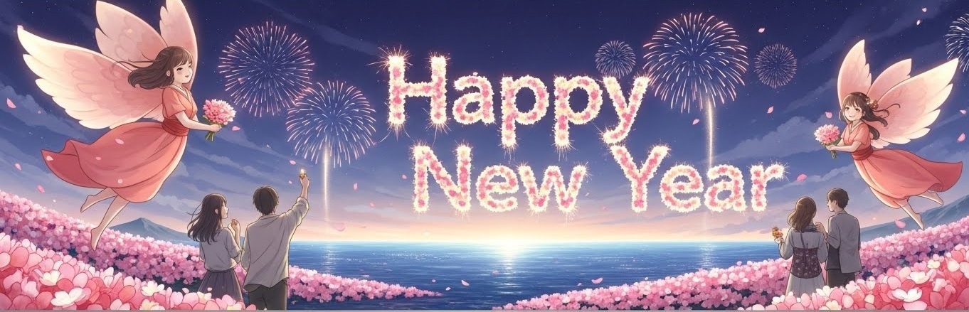 A wide fantasy New Year scene featuring original floral spirit creatures with soft wings, fireworks in the night sky, and a glowing flower field, designed in a light Japanese anime style