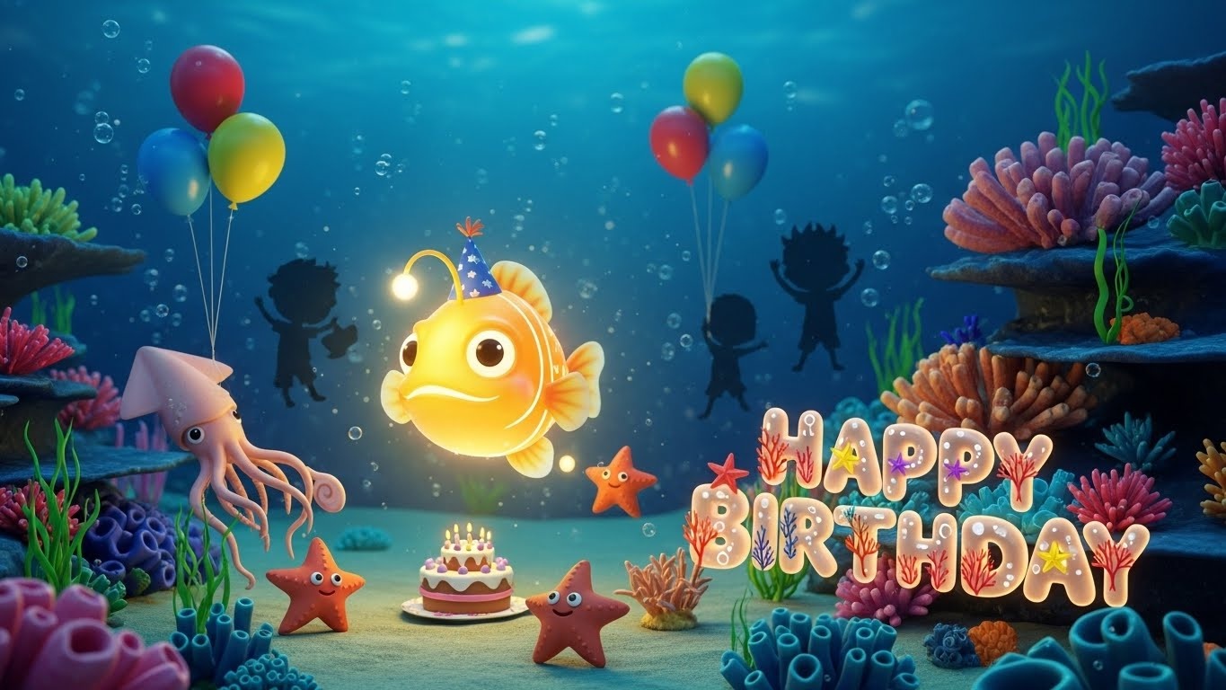 An original deep-sea fairytale birthday background designed for joyful photo moments