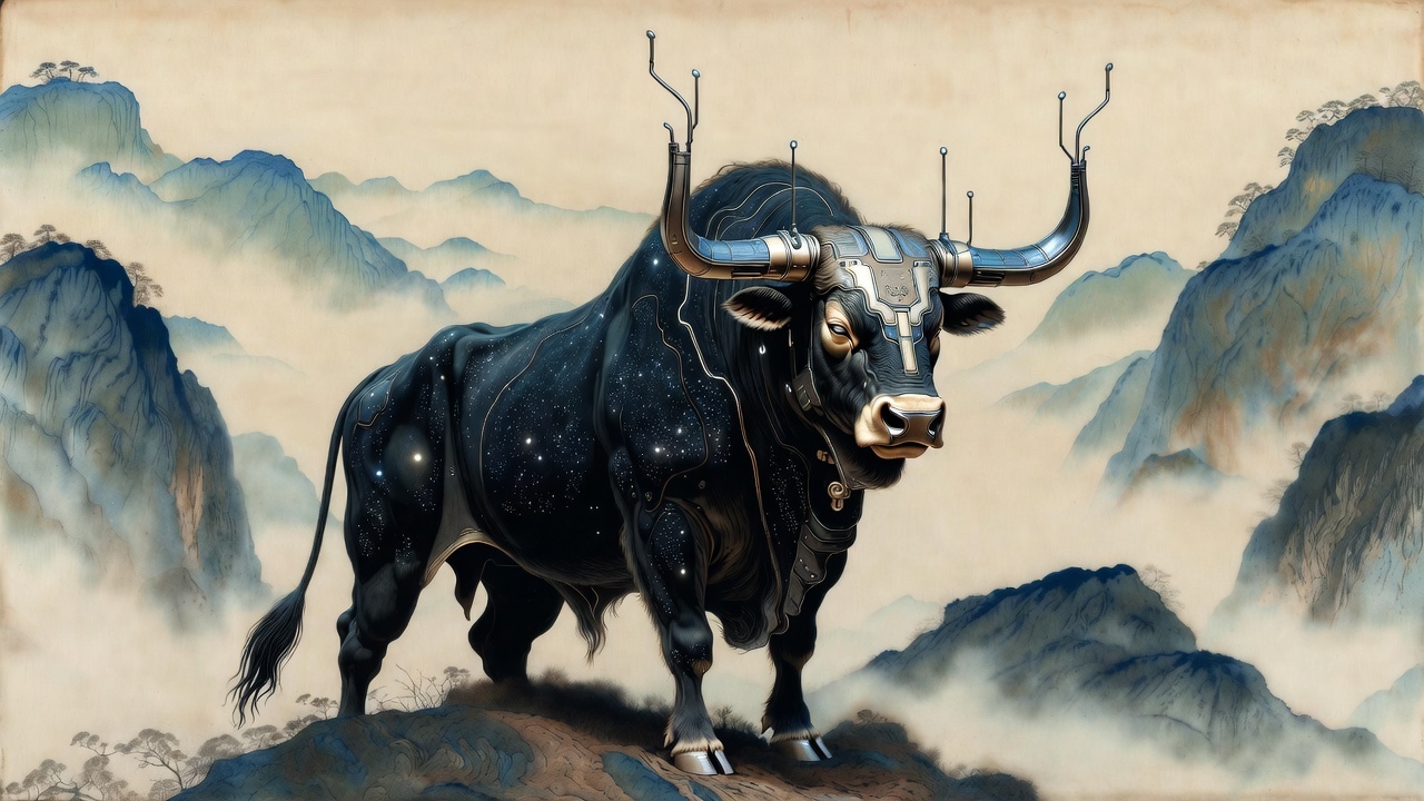 Ao Yin standing atop a misty mountain ridge, glowing antenna-horns scanning the valley, adaptive fur blending with rocks and foliage, mist swirling around its hooves