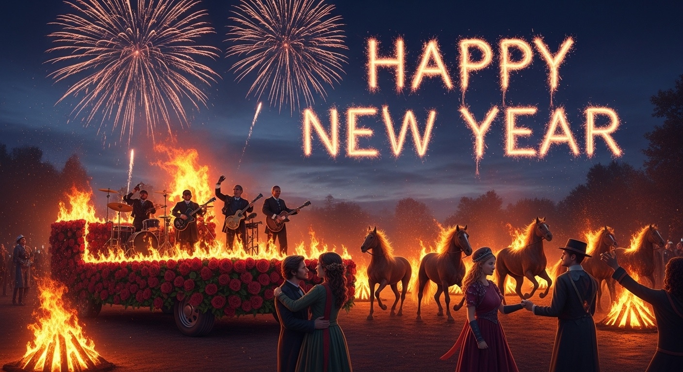 Artistic New Year Fantasy Banner with Live Music Float and Custom Firework Typography