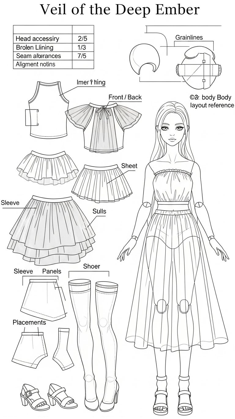 Back view revealing layered transparency and subtle accessory accents Technical Blueprint Prompt