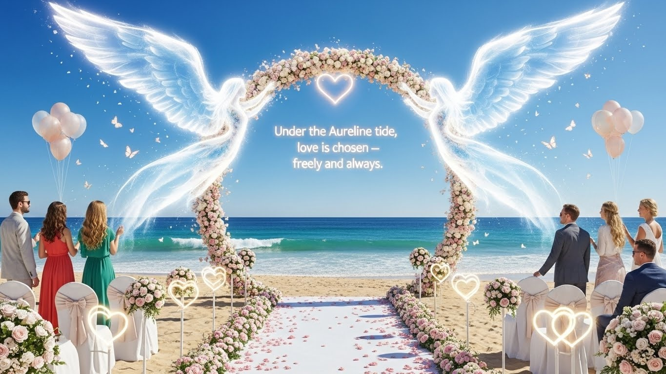 Beach wedding backdrop with a glowing angelic arch and no bride or groom