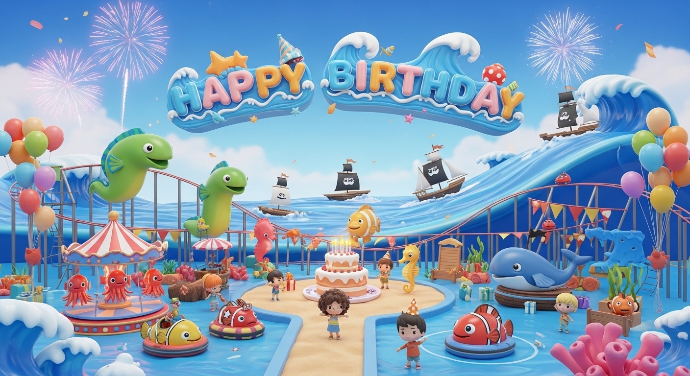Cartoon sea creatures and kids celebrating inside a spring-themed ocean playground