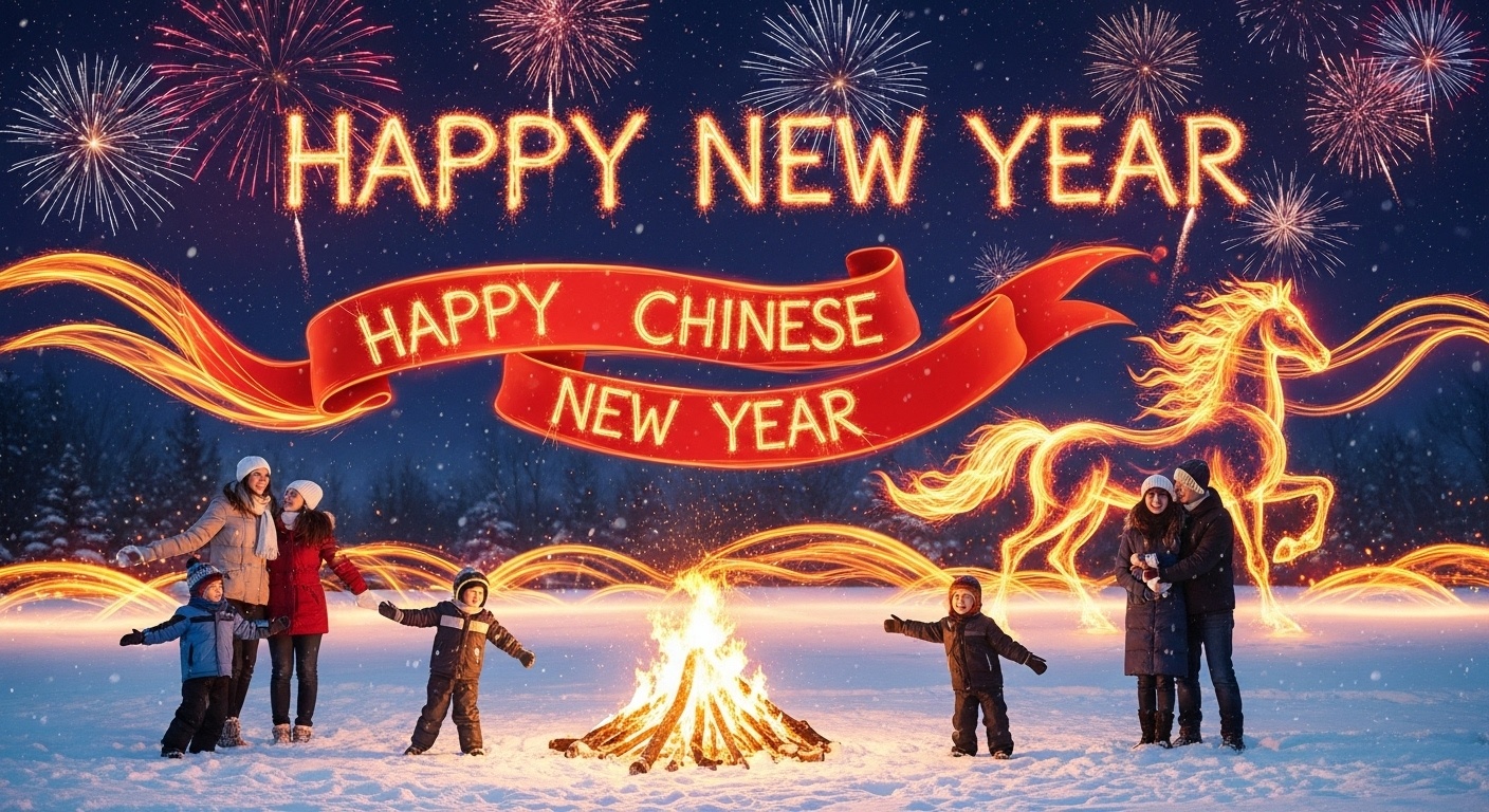 I see this Chinese New Year banner as a bridge between tradition and contemporary winter celebrations. With bonfire flames, fireworks text, and smiling people dressed in red accents, the design works as a party backdrop, event background, or festive wall decoration for New Year gatherings.