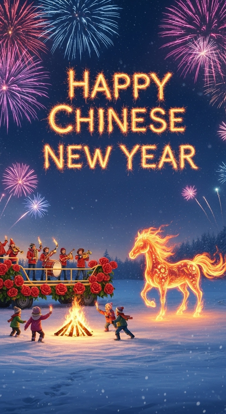Chinese Spring Festival photo backdrop for families with kids, Fire Horse, and winter fireworks