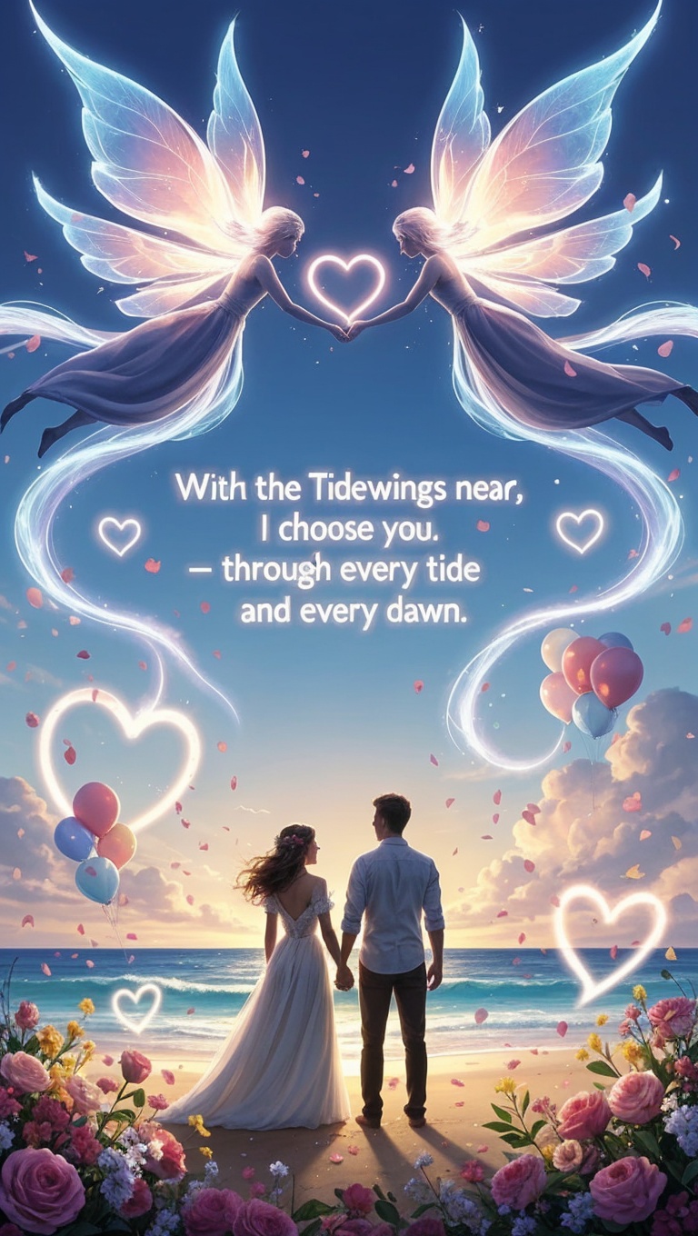 Coastal fantasy wedding banner featuring butterfly wings, flowers, and balloons