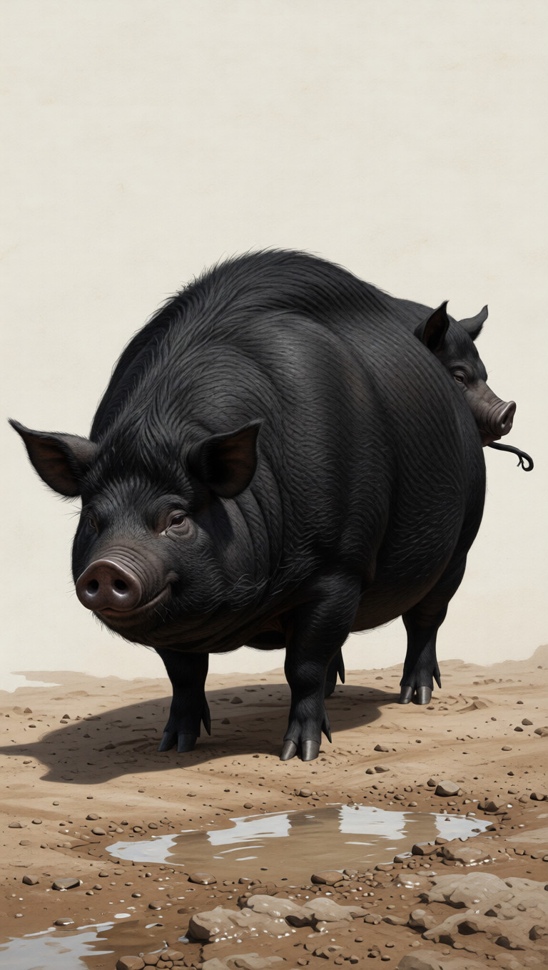 Contemporary fine-art illustration of Bingfeng, a two-faced black creature standing quietly in abstract space