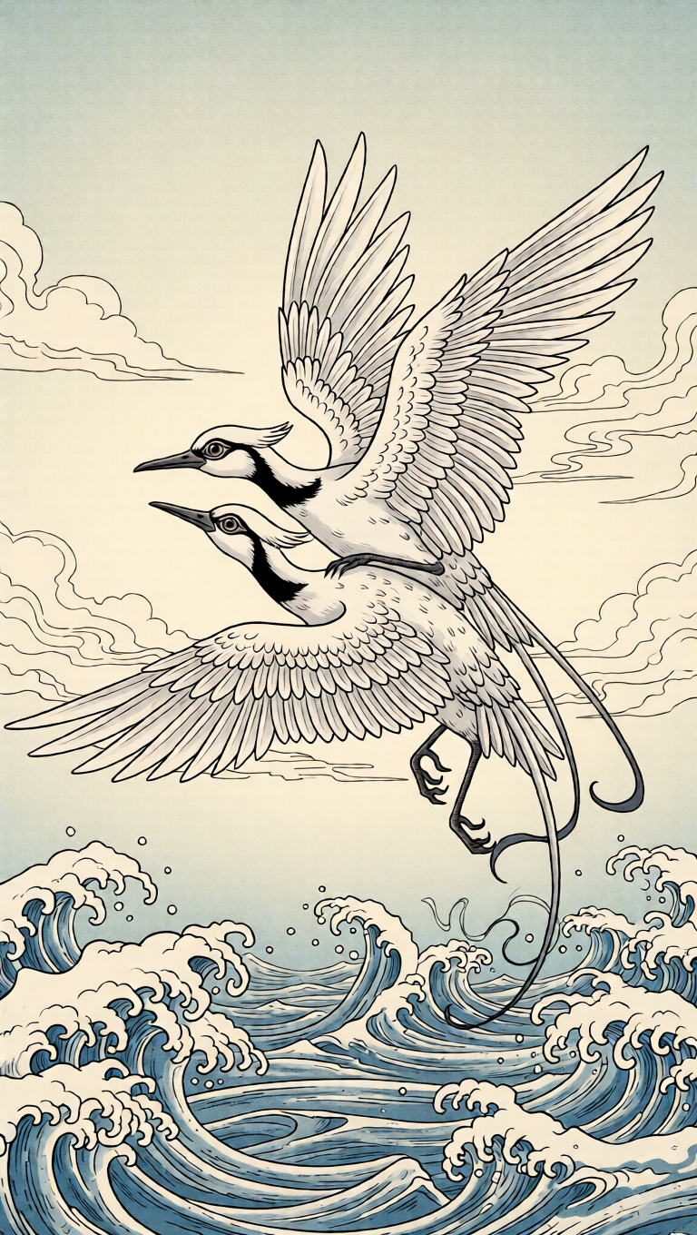 Contemporary myth artwork of Biyi Birds with asymmetrical wings and eyes, emphasizing connection over individuality