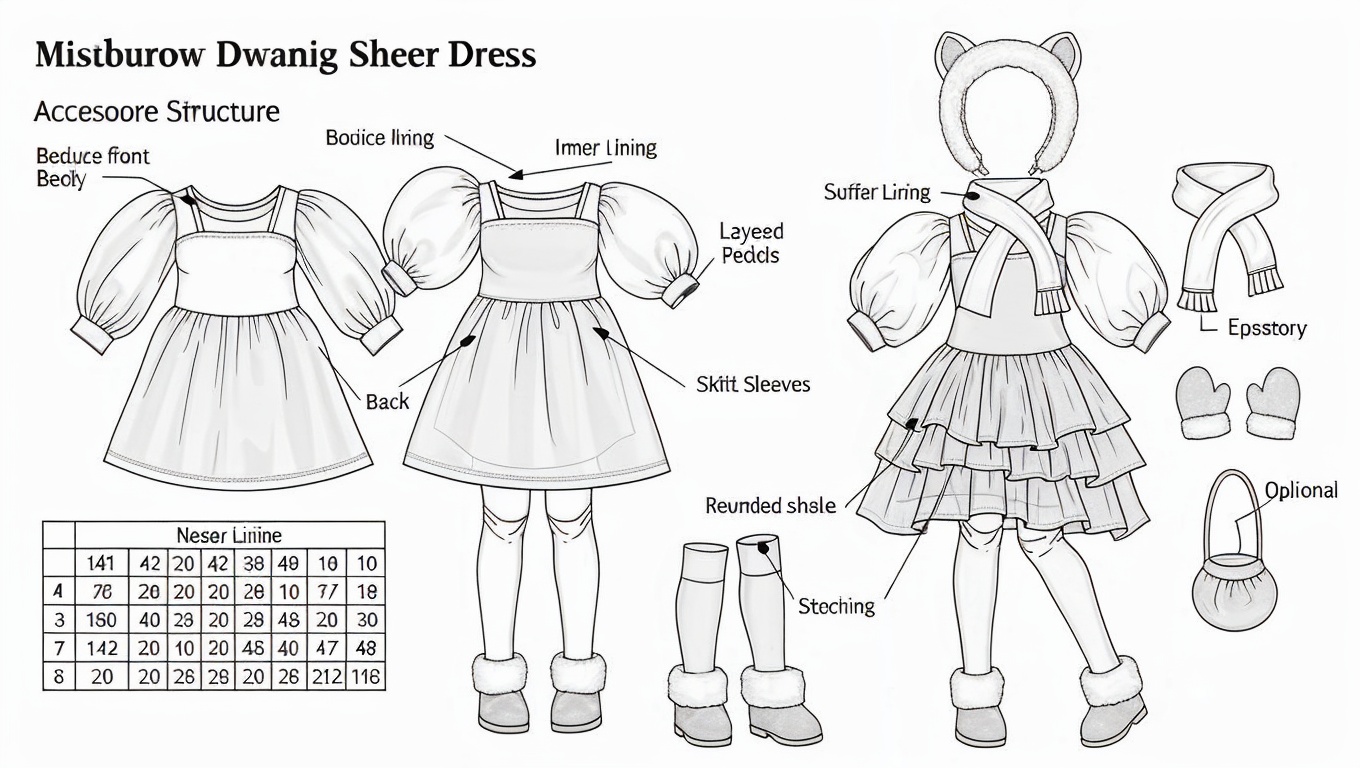 Cute Mistburrow Hamster Doll Outfit  Cozy Sheer Fantasy Dress for Collectible Dolls Technical Blueprint Prompt