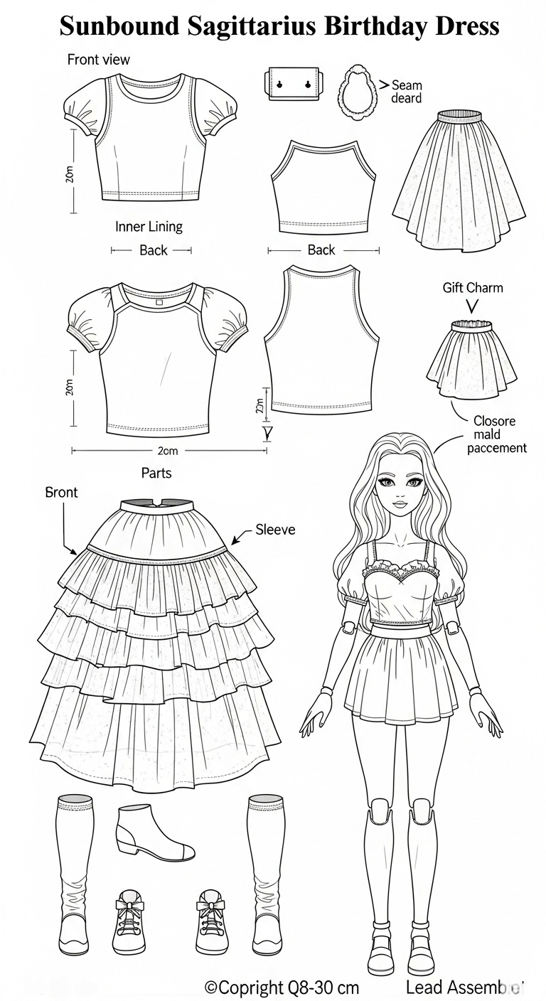 Cute Sagittarius Birthday Doll Dress  Fire Element Fantasy Doll Outfit Blueprint Prompt