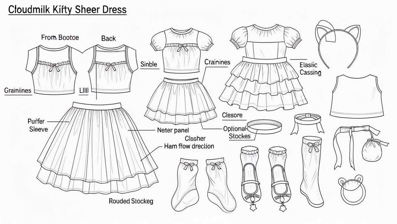 Cute Sheer Cat Doll Clothing White Stockings & Tulle Dress for 3D Q-Style Dolls Technical Blueprint Prompt