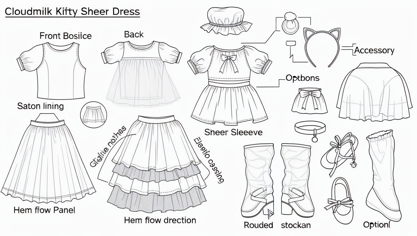 Cute Sheer Cat Doll Clothing White Stockings & Tulle Dress for 3D Q-Style Dolls Technical Blueprint Prompt
