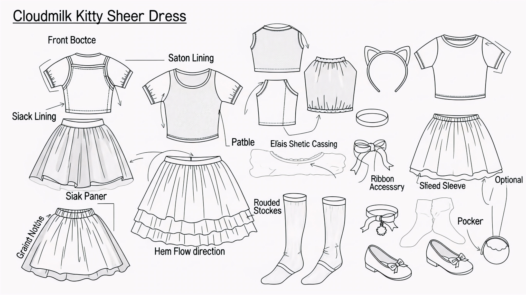 Cute Sheer Cat Doll Clothing White Stockings & Tulle Dress for 3D Q-Style Dolls Technical Blueprint Prompt