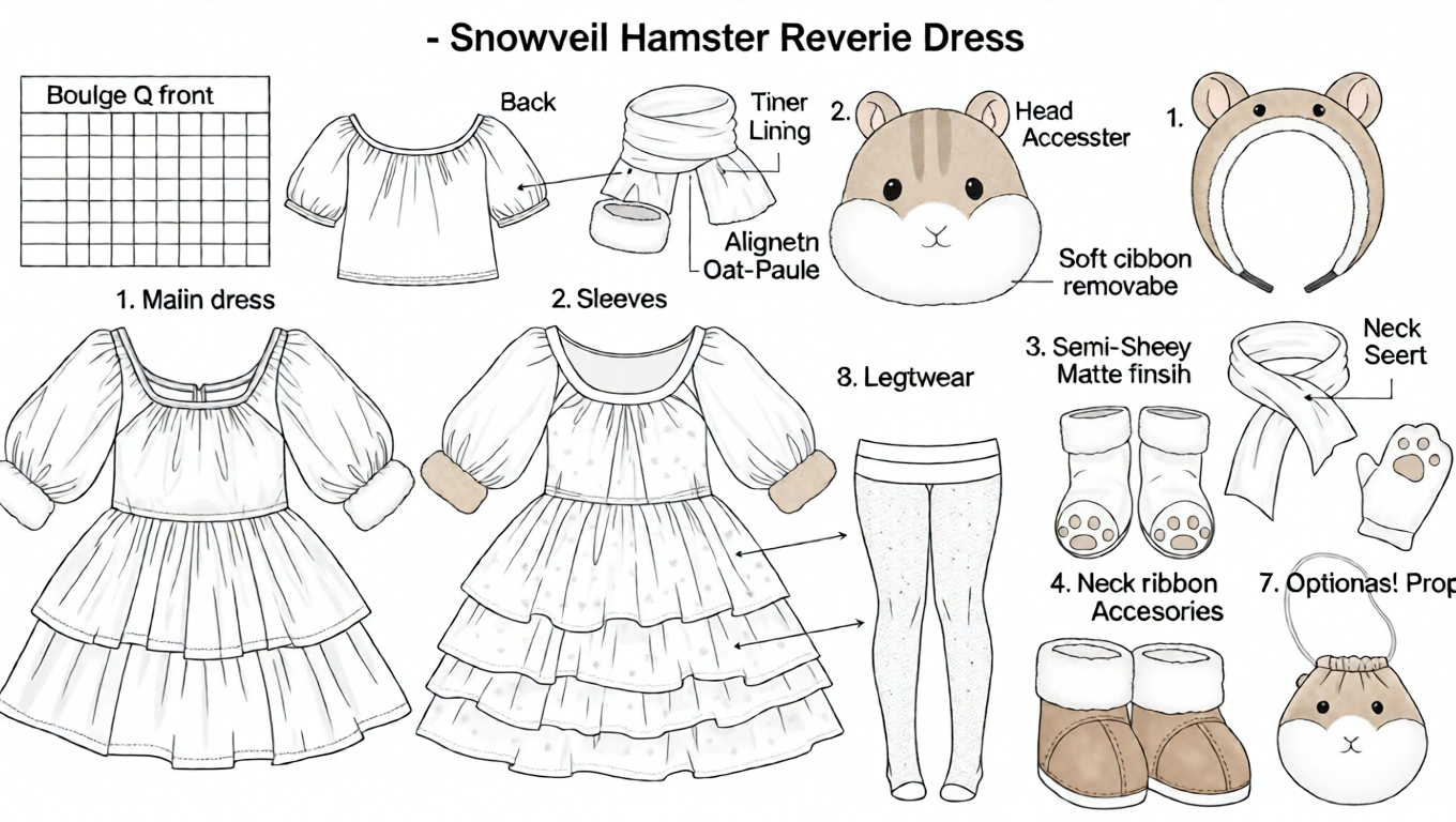 Cute Snowveil Hamster Doll Outfit  Winter Sheer Dress for 3D Collectible Dolls Technical Blueprint Prompt