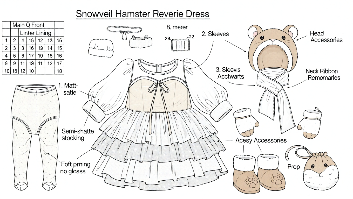 Cute Snowveil Hamster Doll Outfit  Winter Sheer Dress for 3D Collectible Dolls Technical Blueprint Prompt