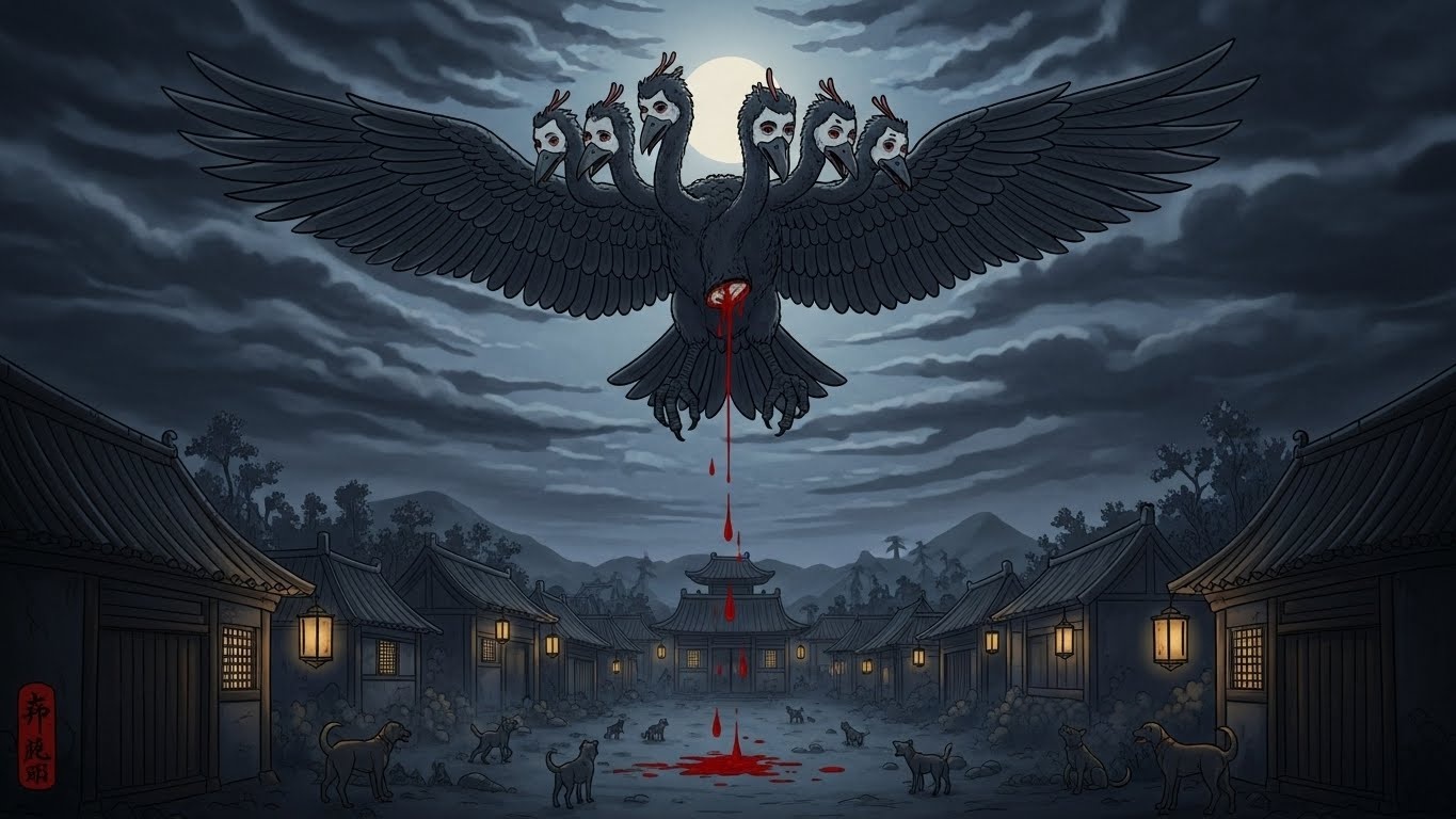 Dark mythology wall art of the Ghost Carriage Bird, featuring multiple human-faced heads and symbolic rain-soaked landscape