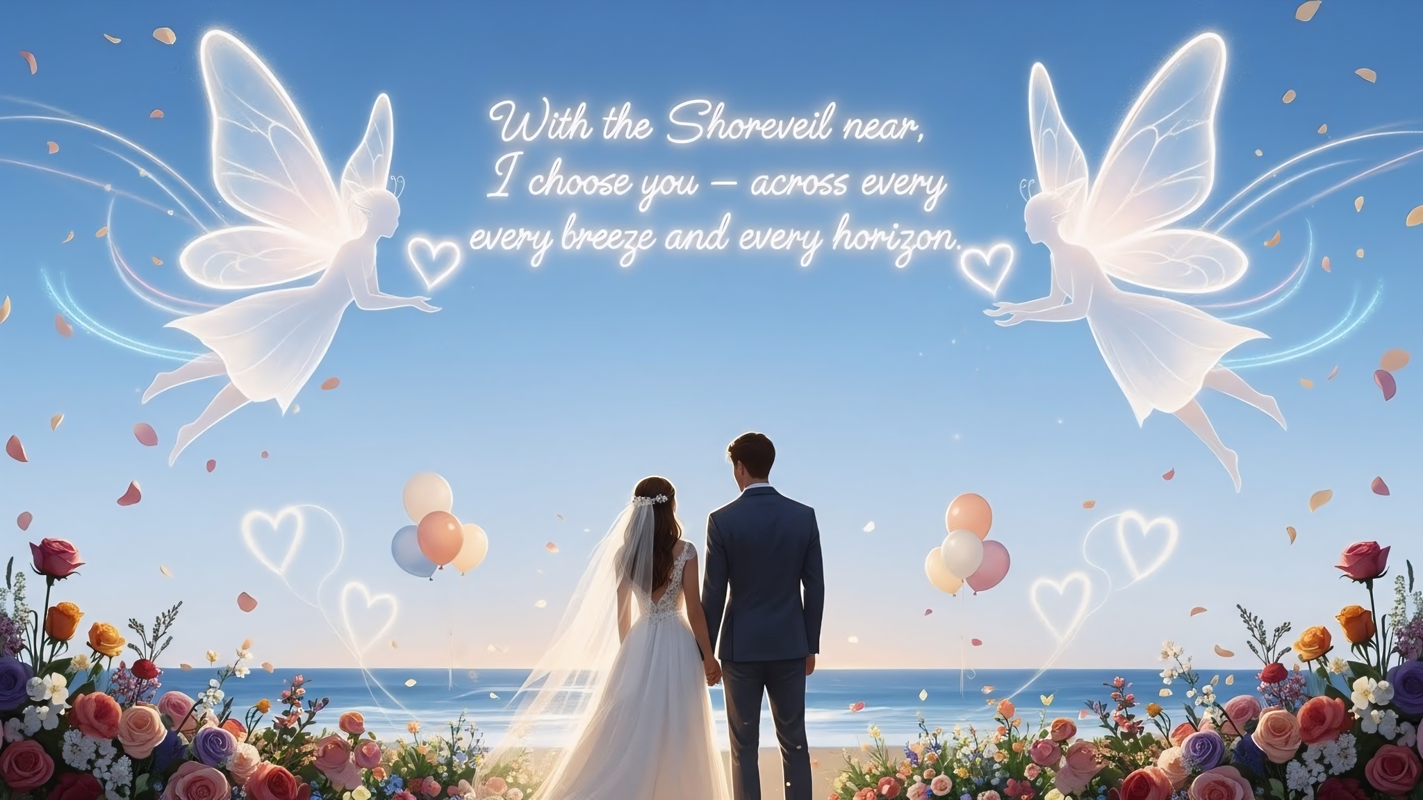 Daytime beach wedding backdrop with winged love spirits and a silhouetted couple