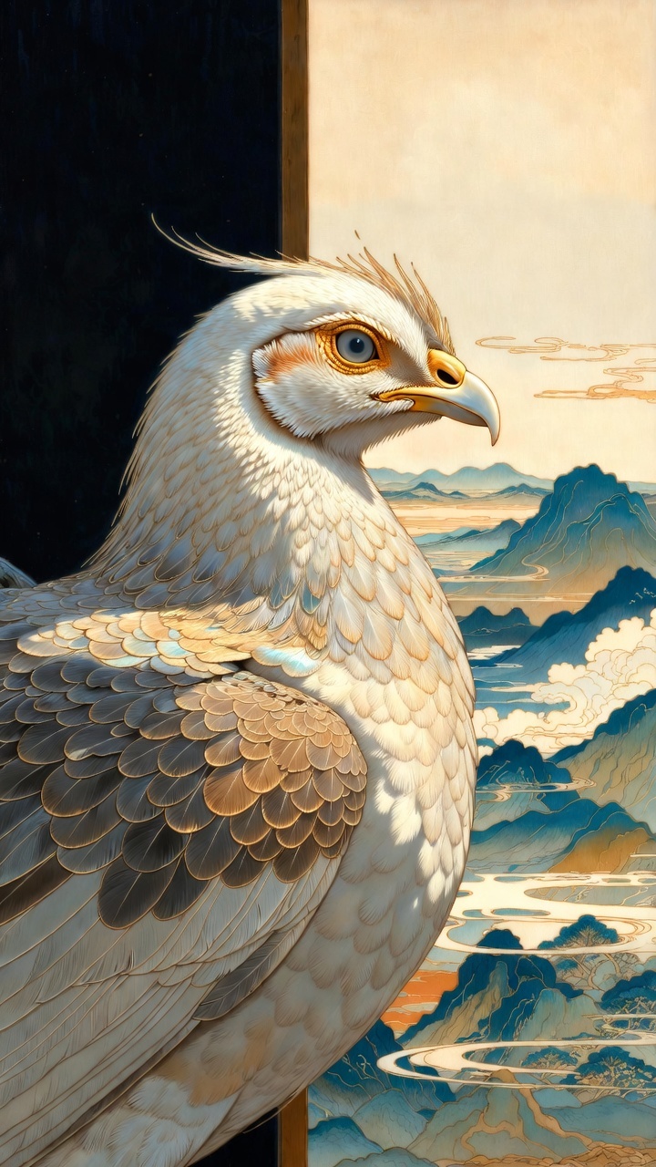 Double-eyed Chongming Bird wall art featuring calm posture, layered feathers, and expansive ceremonial landscape